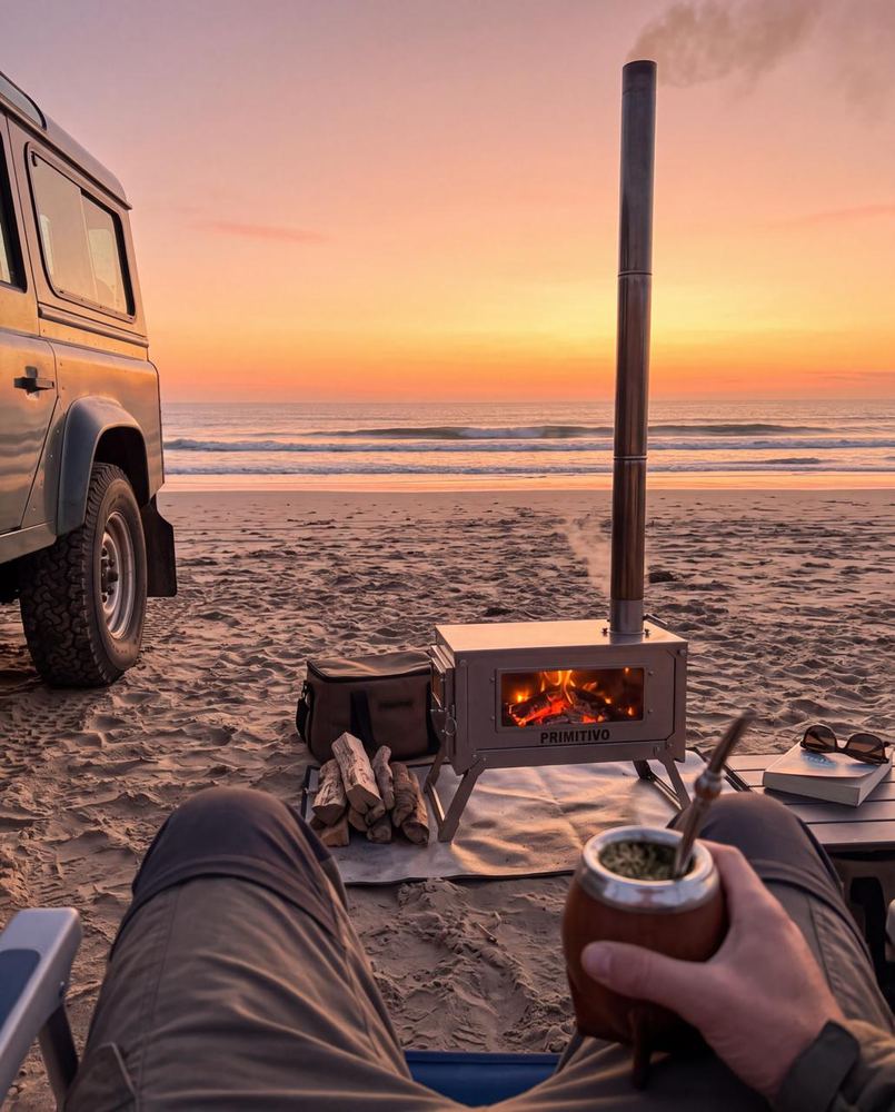 Colibrí encendida en la playa al atardecer, con mate y una camioneta